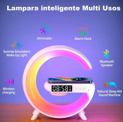 💡 Lámpara de Escritorio Multifuncional con Música 🎶, Carga Inalámbrica ⚡ y Efectos LED 🌈 - 10 Modos de Luz, Bluetooth 📱, Reloj Digital ⏰ y Despertador